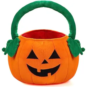 Halloween Pumpkin Plush Tote Bucket, 11 X 13.4 inches Candy Trick or Treat Bag, Cute Halloween Basket with Handle for Kids Girl Boy Trick or Treating, Party Favor Supplies , Kids Gifts Goody Bag