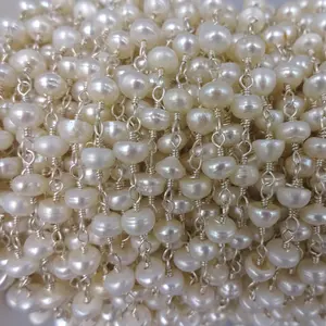 2Ft. 5-6MM Button Shaped Cultured Fresh Water Pearl Rosary Beaded Chain. Wire Wrapping Gemstone Chain. Wire Linked Bead Chain for DIY.