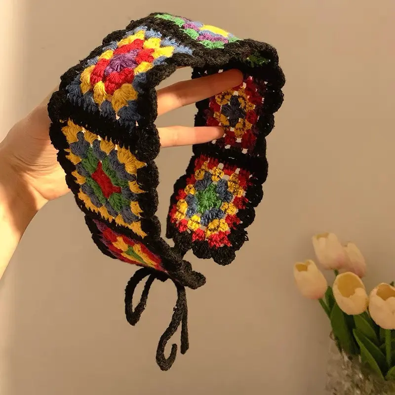 Women's 3PCS Polyester Flower-Knit Crocheted Bandana Headbands - 1-Size Variety Pack Headbands, Vintage Bohemian Holiday Fashion Hair Accessories, One-Size Headbands