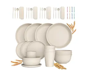 48-Piece Wheat Straw Dinnerware Set 4 Unbreakable Sets with Plates Bowls Cutlery Reusable Dishwasher Microwave Safe Eco-Friendly