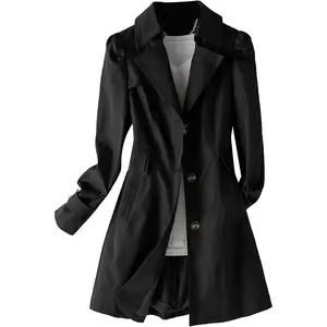 Women's Single Breasted Mid-Length Trench Coat Puff Sleeve Lapel Overcoat Windproof Classic Outerwear