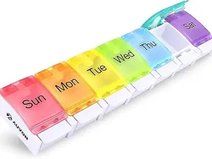 AUVON Weekly Pill Organizer Arthritis Friendly BPA Free Travel 7 Day Pill Box Case with Spring Open Design and Large Compartment to Hold Vitamins