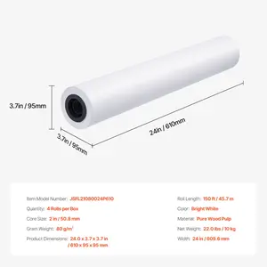 VEVOR Wide Format Paper, 24 inx 150 ft Plotter Paper, 4 Rolls CAD Bond Rolls with 2 in Core, 20 LB Bond Paper Rolls, Idea for CAD Drawings, Engineering Plans, GIS Maps Architectural Designs