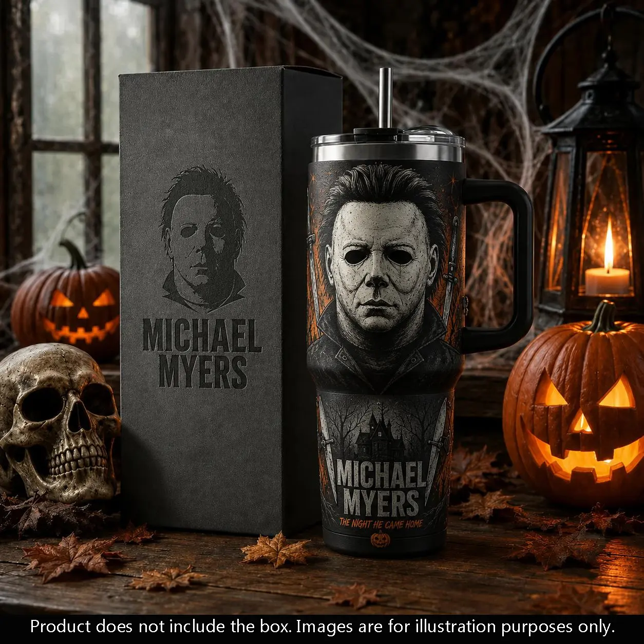 Horror Slasher Inspired 40oz Tumbler with Handle & Straw, Michael Myers Style Stainless Steel Insulated Travel Mug, Halloween Horror Fan Gift, Reusable Coffee Cup