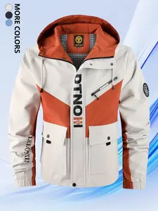 Men's Casual Zipper Colorblock Jacket, Patchwork Letter Print, Outdoor Sports, Lightweight Design, Workwear Pockets, Gift for Husband or Boyfriend