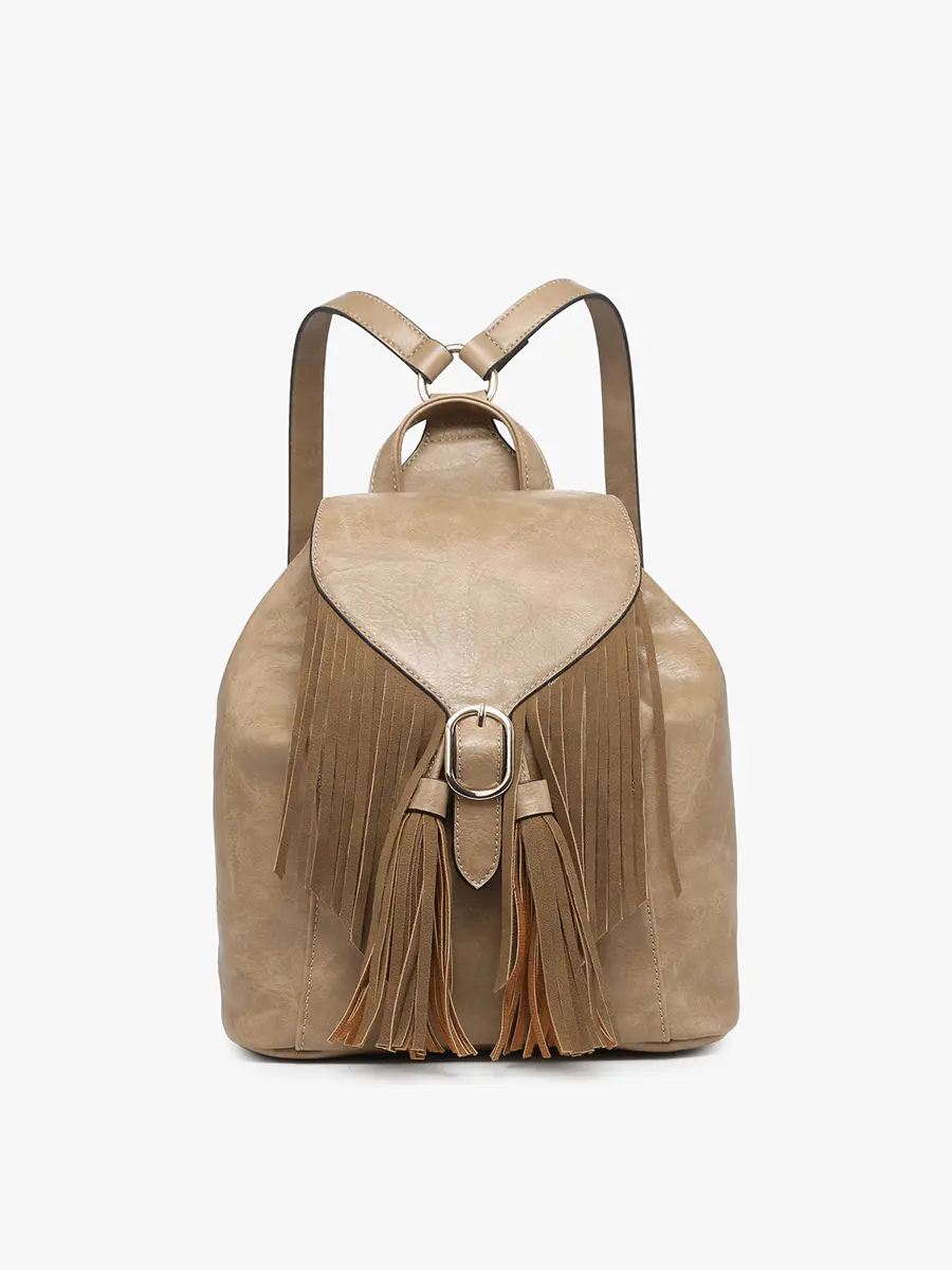 Women's Fashion Engraved Fringe Bucket Backpack - Compact, Bucket Shape, Distressed Look, Distressed Vegan Leather, Fringe Detail, Personalized Engraving