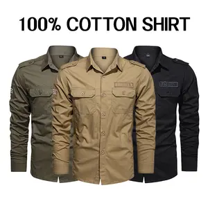 Men’s mid-length pure cotton work shirt with long sleeves — dual chest pockets and shoulder straps design, a must-have for outdoor casual wear.