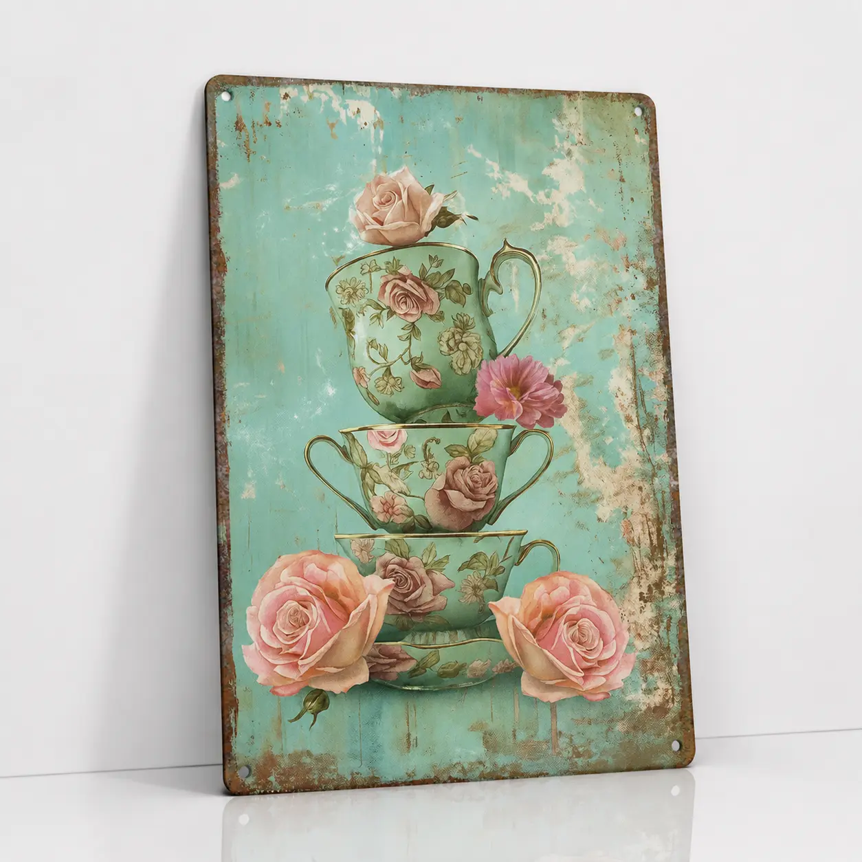 Vintage Teacups and Roses Metal Tin Sign, Retro Shabby Chic Floral Wall Decor, Elegant Mint Teal Floral Garden Porch Kitchen Decor, Shabby Cottage Living Room Coffee Bar Art Plaque, Novelty Tea Party Lover Gift for Her Mom, 8x12 Inch, Easy to Hang accent