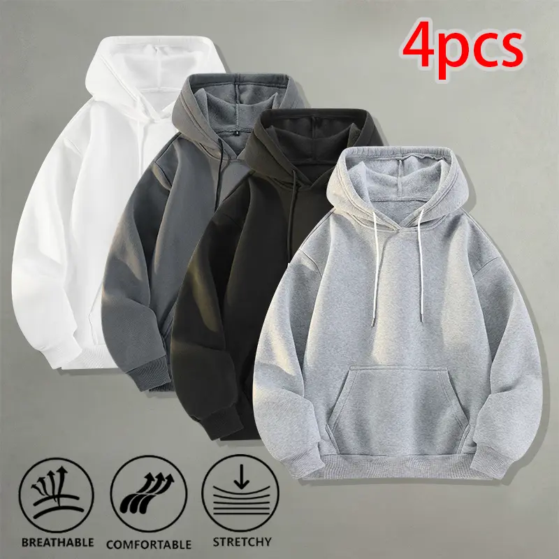 Men's 4-Pack Solid Hooded Pullover Sweatshirts - Unisex Casual Tops for Outdoor Walking, Home Wear