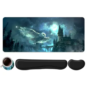 4pcs Wizarding World Owl and Castle Design Mouse Pad + Keyboard Wrist Rest + Ergonomic Mouse Pad + Coaster Set For Desktop Decoration, Office Accessories Set Ergonomic Wrist Support, Computer Mat Mouse Pad Coaster Suitable For Home Office Gaming