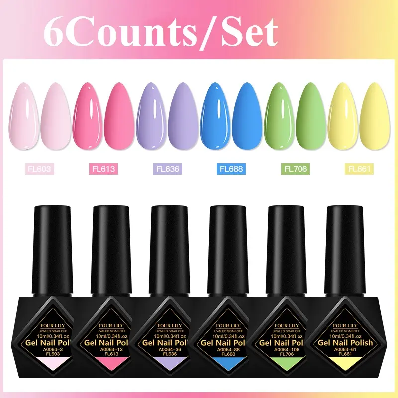 FourLily Macaron Color Gel Nail Polish, 6Counts/Set Cream Tone Nail Gel Polish, Soak Off LED UV Gel Varnish, Summer Nail Art Gel, Gel Shine Finish, Semi-Permanent DIY Manicure Gel Set for Nails Feet & Hands, Great Gift for Women & Girls, Nail Products