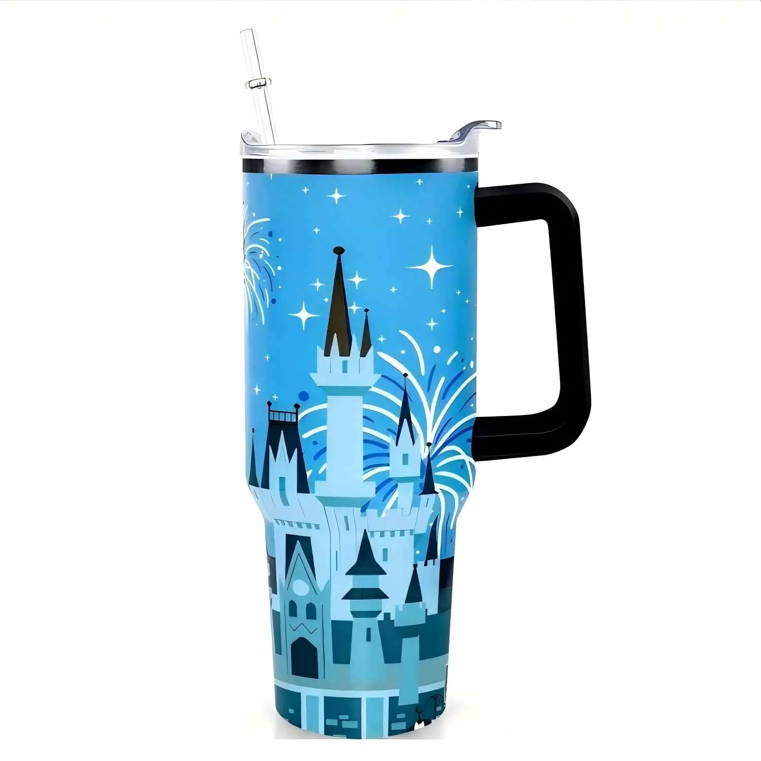 40oz Insulated Stainless Steel Tumbler - Leakproof BPA-Free Casual Kitchen Drinkware, Classic Cartoon Castle/Blue Firework Prints, Lid, Straw, Handle, Portable Coffee Mug Water Bottle, Birthday Gift Idea