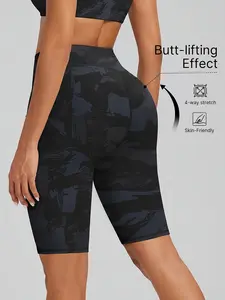 1 piece of women's high-waisted butt-lifting yoga pants, cycling shorts, fitness sports shorts, summer camouflage pattern, super elastic, comfortable, soft, and sweat-absorbent, suitable for gym, yoga, pilates, outdoor sports, cycling, running, footb