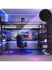 Full XL Size Loft Bed with Desk and Stairs,Metal Loft Bed Full with Wardrobe and Shelf, High Loft Bed with LED Light and USB for Teens, Junior, Adults,Black