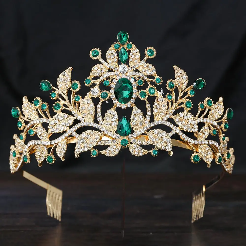 Royal Queen Crystal Leaf Diadem Bridal Crown Pageant Tiaras Combs Headdress Bride Wedding Dress Hair Jewelry Accessories