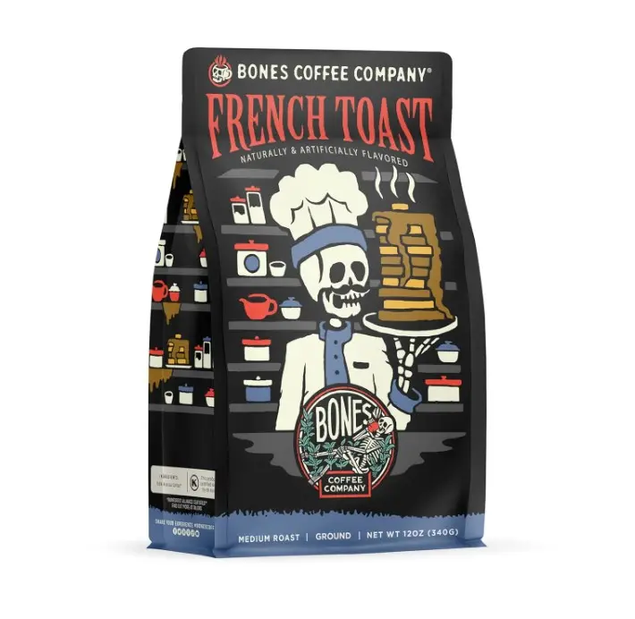 Bones Coffee Company French Toast Ground Coffee Beans, Sweet & Buttery Flavor, Low Acid Flavored Coffee, Made with Arabica Coffee Beans, Medium Roast Gourmet Coffee (12 oz)