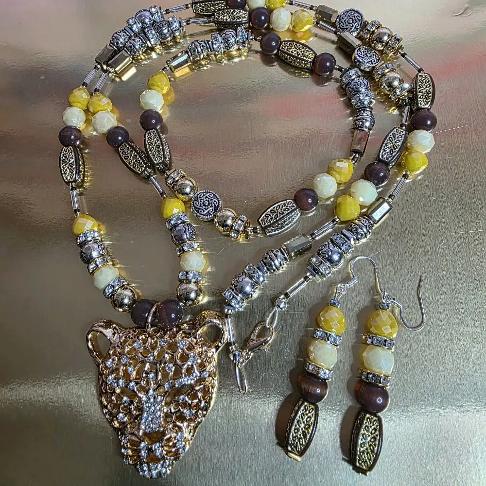 Gabriela Haller HigherKii Artique Banana Cheetah Jewelry Set with Cheetah Pendant and Beaded Necklace Set
