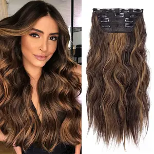 4Pcs Clip-In Hair Extensions – 20" Long Wavy Synthetic Dark Brown with Light Highlights, for Women & Girls