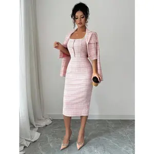 Two-piece set: Elegant tweed short blazer + sleeveless bodycon dress, classic suit, suitable for spring and autumn