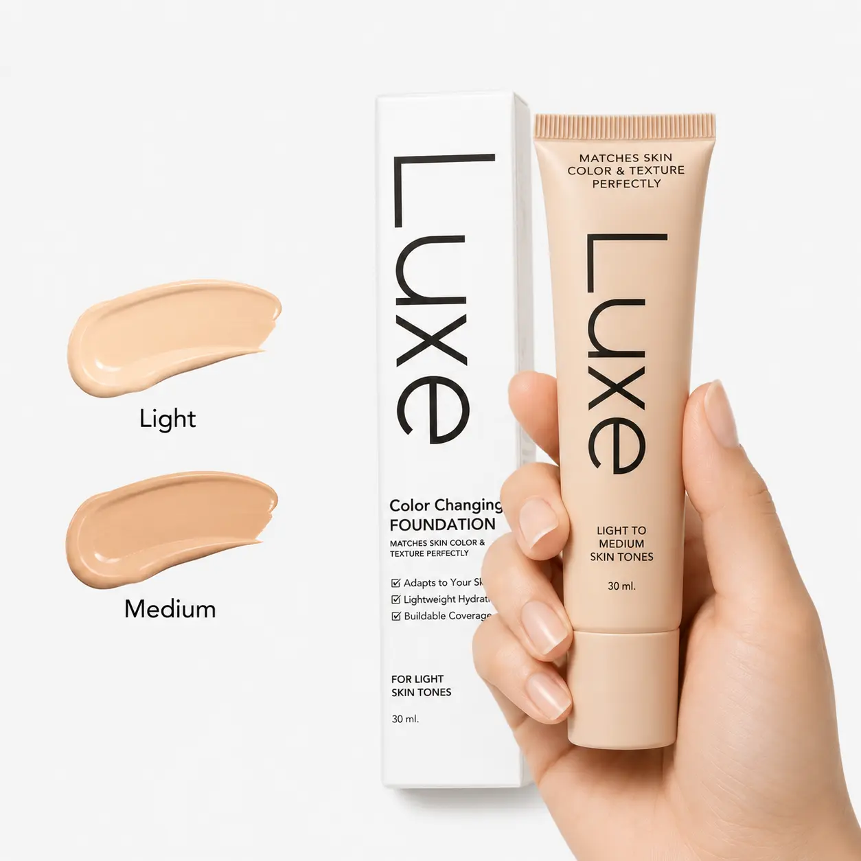 Hydrating Color Changing Foundation, Liquid Face Makeup with Buildable Coverage for Light to Medium Skin Tones, Smooth Natural Finish, 30ml