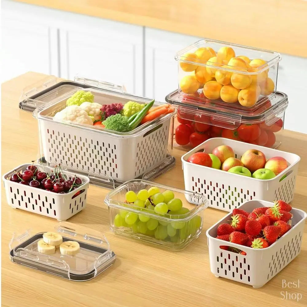4-Pcs Stackable Leak-Proof BPA-Free Reusable Kitchen Preservation & Storage Containers with Colander, Fridge Organizers for Fresh Fruits, Vegetables, Meat (Indoor Recreation, Fridge Use), Four Pieces, Perforated