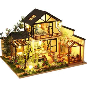 DIY Miniature House Kit, Tiny House Kit with LED, DIY Wooden Dollhouse Miniature Kit for Adults Teen, Wooden Crafts Lovely Dollhouse Kit, Bamboo Stream Garden