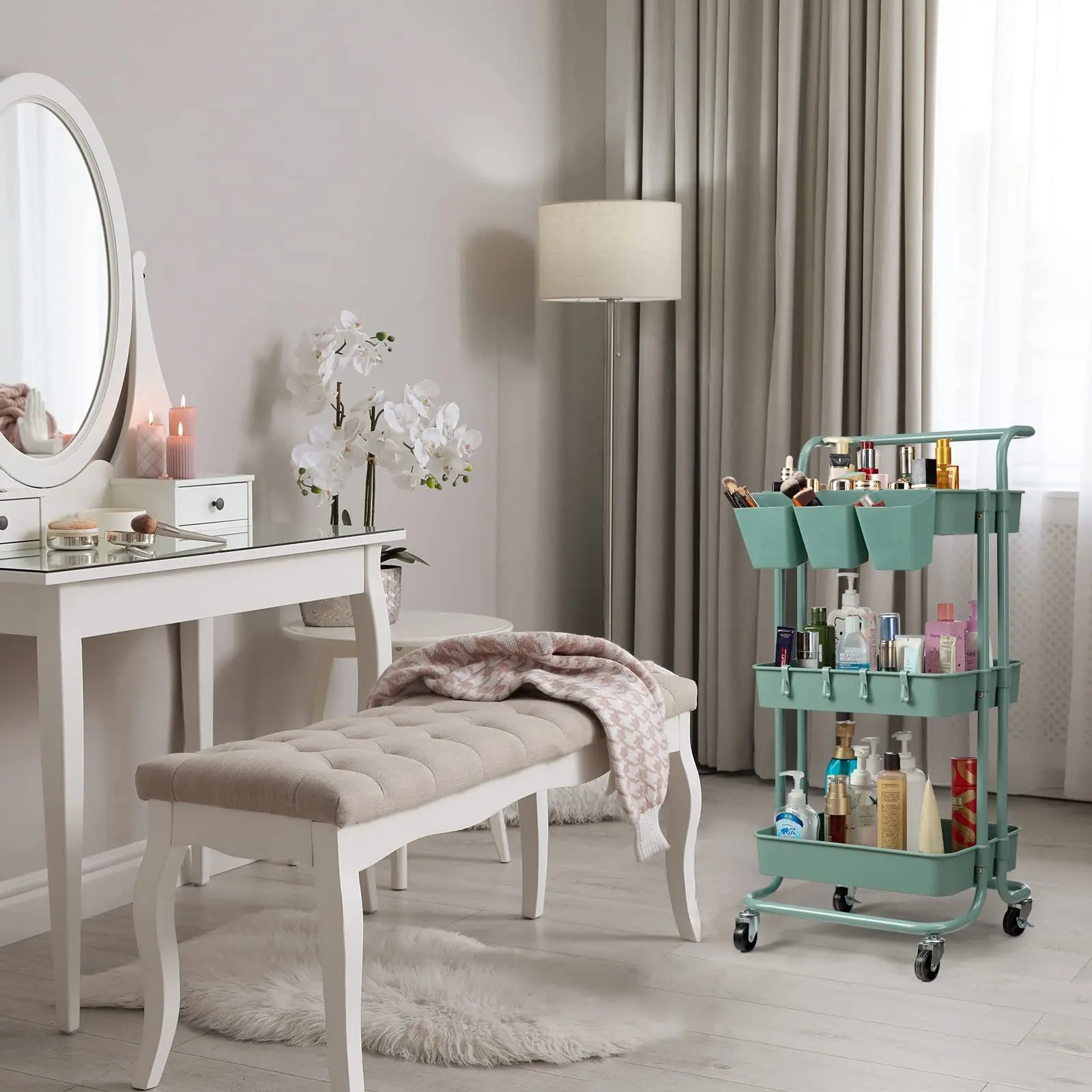 New 3 Tier Rolling Utility Cart with Lockable Wheels & Hanging Cups & Hooks Storage Organization Shelves for Kitchen Bathroom Office Library Coffee Bar Trolley Service Cart Granite Green Organiser Plastic