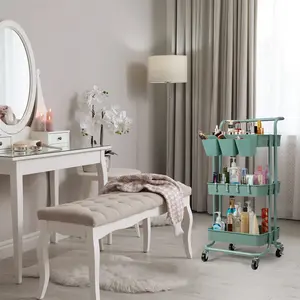 New 3 Tier Rolling Utility Cart with Lockable Wheels & Hanging Cups & Hooks Storage Organization Shelves for Kitchen Bathroom Office Library Coffee Bar Trolley Service Cart Granite Green Organiser Plastic