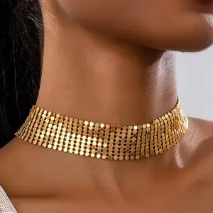 Sparkly Gold Mesh Choker Necklace Wide Metal Sequin Collar for Women Hypoallergenic Party Jewelry Daily Wear Gift woman trendy fashion jewelry