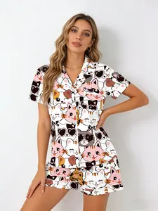 Cat Lover White Cartoon Cat Pajama Set for Women, Button Down Short Sleeve Shorts, Spring Summer Wearable Casual Loungewear, Cat Print, Loose Fit Homewear