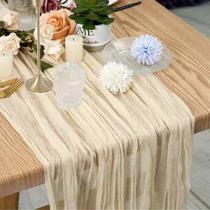 Bohemian Country Style Tablecloth Set 5/10 Pcs Rectangle Polyester Wrinkled Cheese Cloth & Gauze, Warm White/Blush Pink with Christmas Ribbon, Individually Boxed for Wedding Reception, Holiday Party Decor