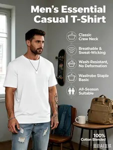 Men's Plain Round Neck Short Sleeve T-Shirt - 35% Cotton 65% Polyester Fabric, Breathable Casual Top for Everyday Wear, Workouts