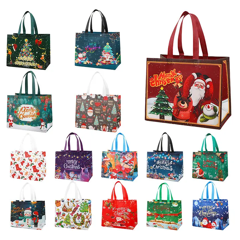 Gift for Her/Him 15/30pcs Large Christmas Gift Bags with Handles, Reusable Non-Woven Christmas Shopping Bags for New Year and Christmas Party Decorations, 12.6" X 9.8" X 5.5" heavy-duty storage tote foldable shopping Christmas reindeer snowman