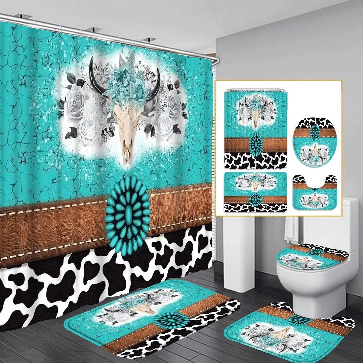 Deer Pattern Bathroom & Restroom Accessories, 4 Counts/set Including Shower Curtain & Toilet U-shape Mat & Rectangular Mat & Toilet Lid Cover, Bathroom Decor Supplies, Bathroom Decor And Accessories, Shower Curtain Sets, Shower Essentials