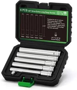 6 count 3/8-Inch Drive Extra Deep Metric Socket Set, 6 Point, 8mm, 10mm, 11mm, 12mm, 14mm, 1/4" F to 3/8" M Socket Adapter, 120MM Deep CR-V Socket for Automotive and Industrial Applications