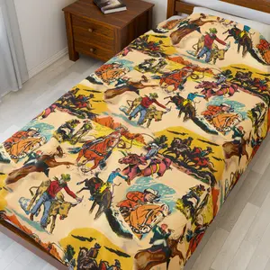 Western Cowboy Blanket , Velveteen Plush Throw, Vintage Wild West Decor, Roy Rogers and Trigger Blanket, Classic Western Blanket