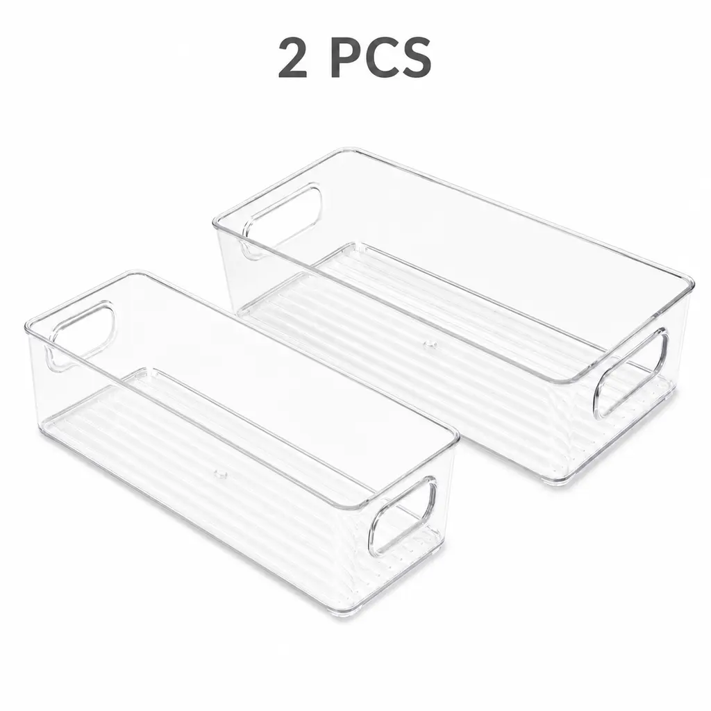 2 PCS Clear Plastic Fridge Storage Drawers – Stackable Containers with Handles for Refrigerator, Freezer, and Kitchen Cabinet Organization