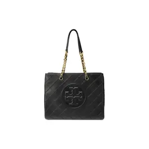 Tory Burch Fleming Solid Embossed Logo Woven Chain Twill Nappa Leather Tote Bag For Women In Black