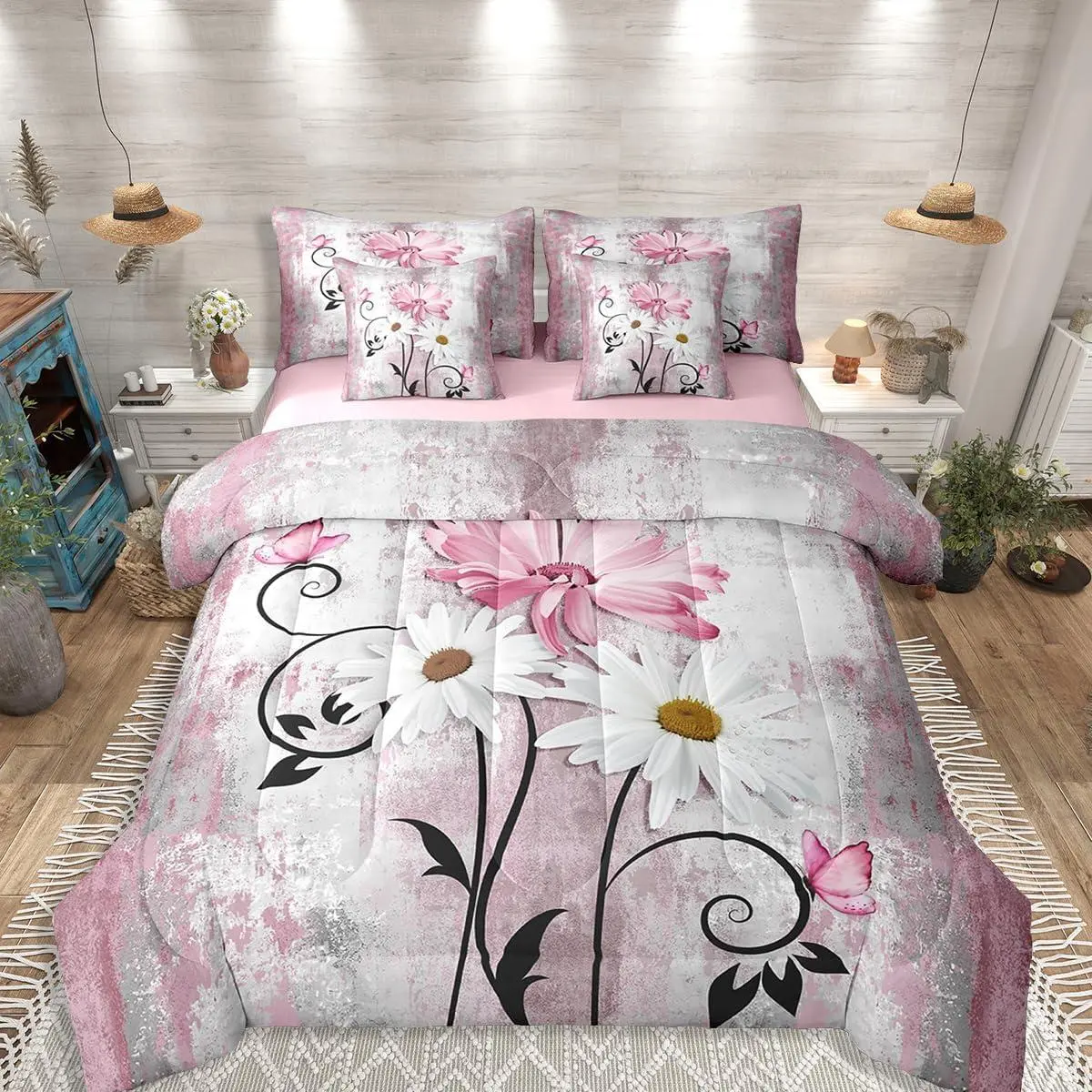 Grey Pink 7 Piece Comforter Set Bed In A Bag,Rustic Farmhouse Bedding Sets Women Country Daisy Flowers Floral Comforter and Sheets Vintage Wooden Butterflies Ombre Bed Set