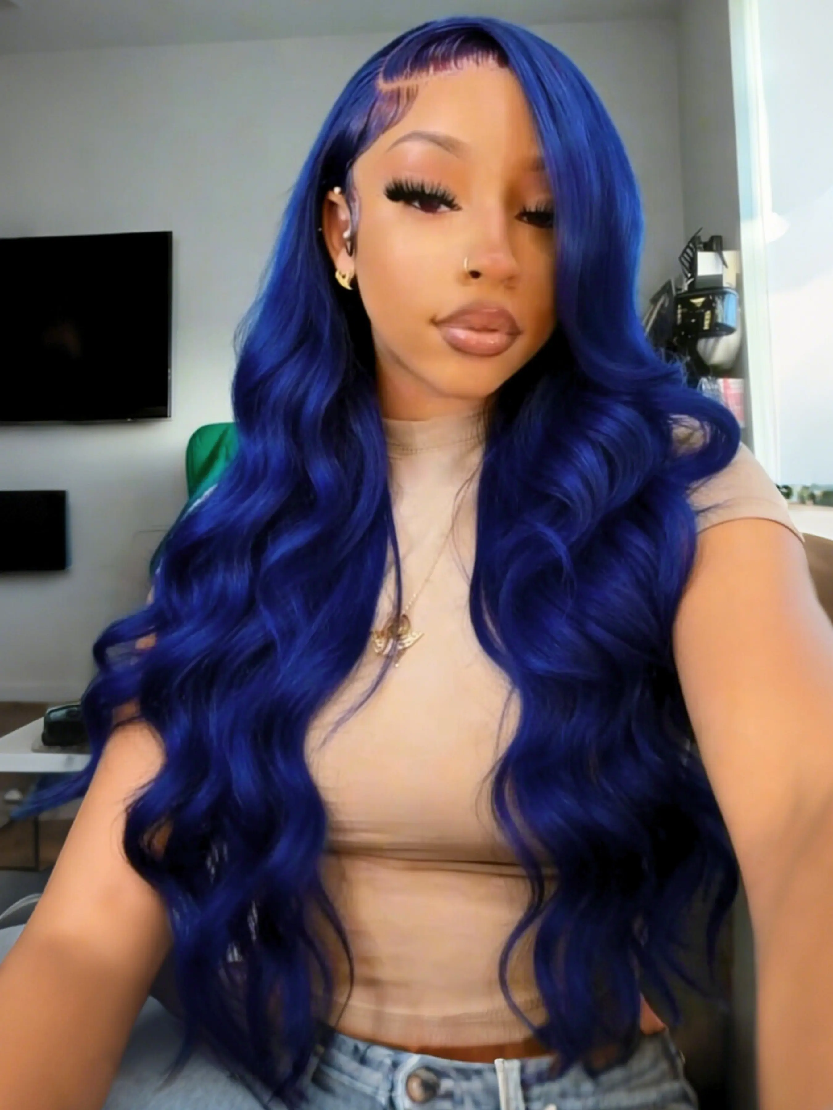 Royal Blue Wavy Wigs, Pre Cut Wigs, 13x4 Lace Front Wigs Pre-Plucked Hairline Synthetic Wig Body Wave Wig Valentine's Day Date Night for Women Party Cosplay Stage 28 Inch Synthetic Wavy Hairstyle Artificial Wig