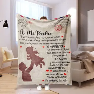 Spanish Style "To Father" Flannel Blanket - Retro Nostalgic Design, Father and Daughter Silhouette with Warm Blessings, All-Season Soft and Warm, Portable Decorative Gift, Vintage Patchwork Pattern, Nostalgic Blanket