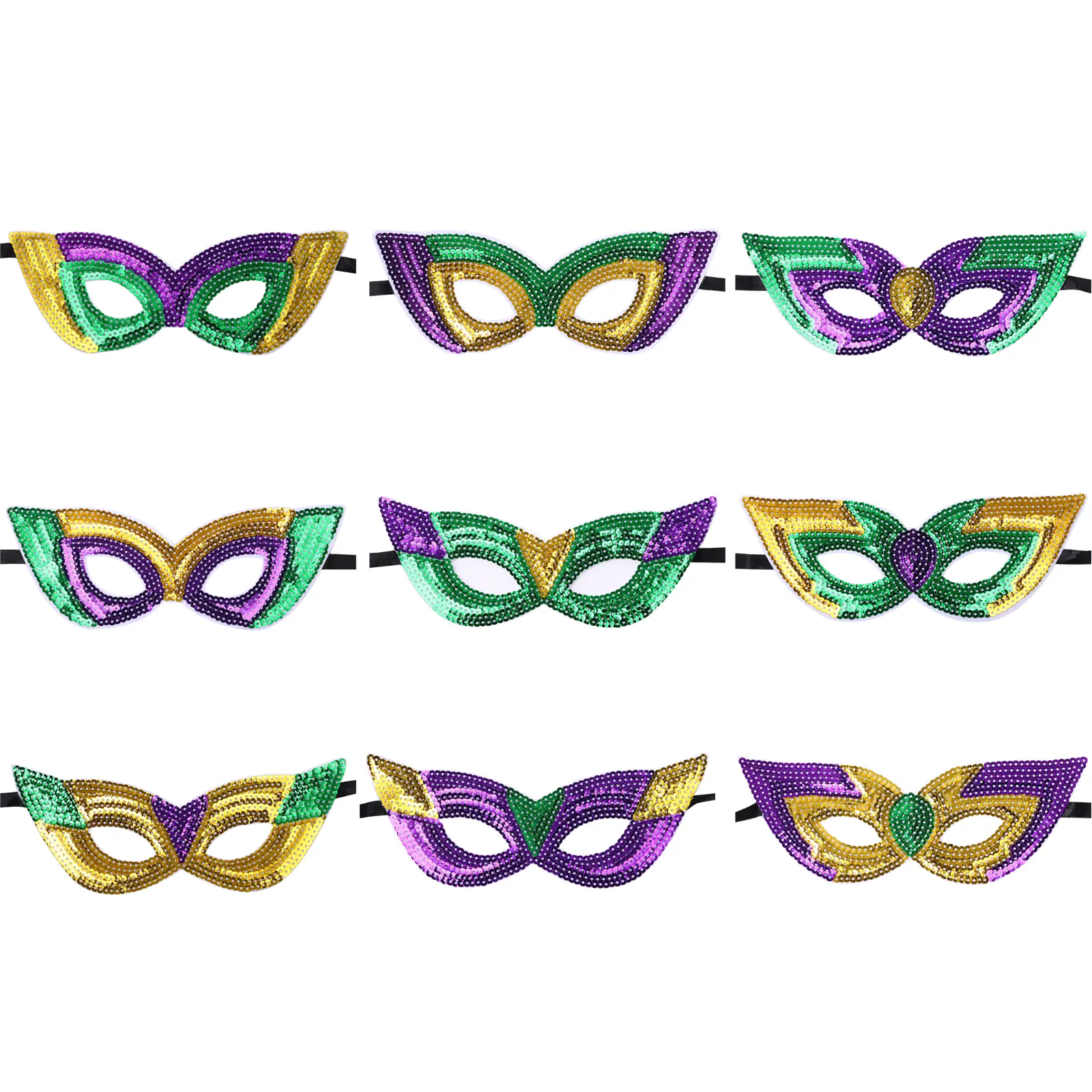 OIDEA 9-Piece Mardi Gras Velvet Adult Mask Set - Glitter Masquerade Masks with Bands, Purple Yellow Green Festive Party Accessories, Ideal Gift for Celebrations, Adult Masks