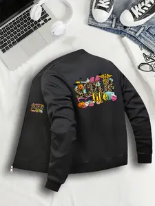 Women's Christmas Graphic Print Zipper Bomber Jacket, Casual Fitted Design, Lightweight, All Seasons Wear, Sizes S-Xxl