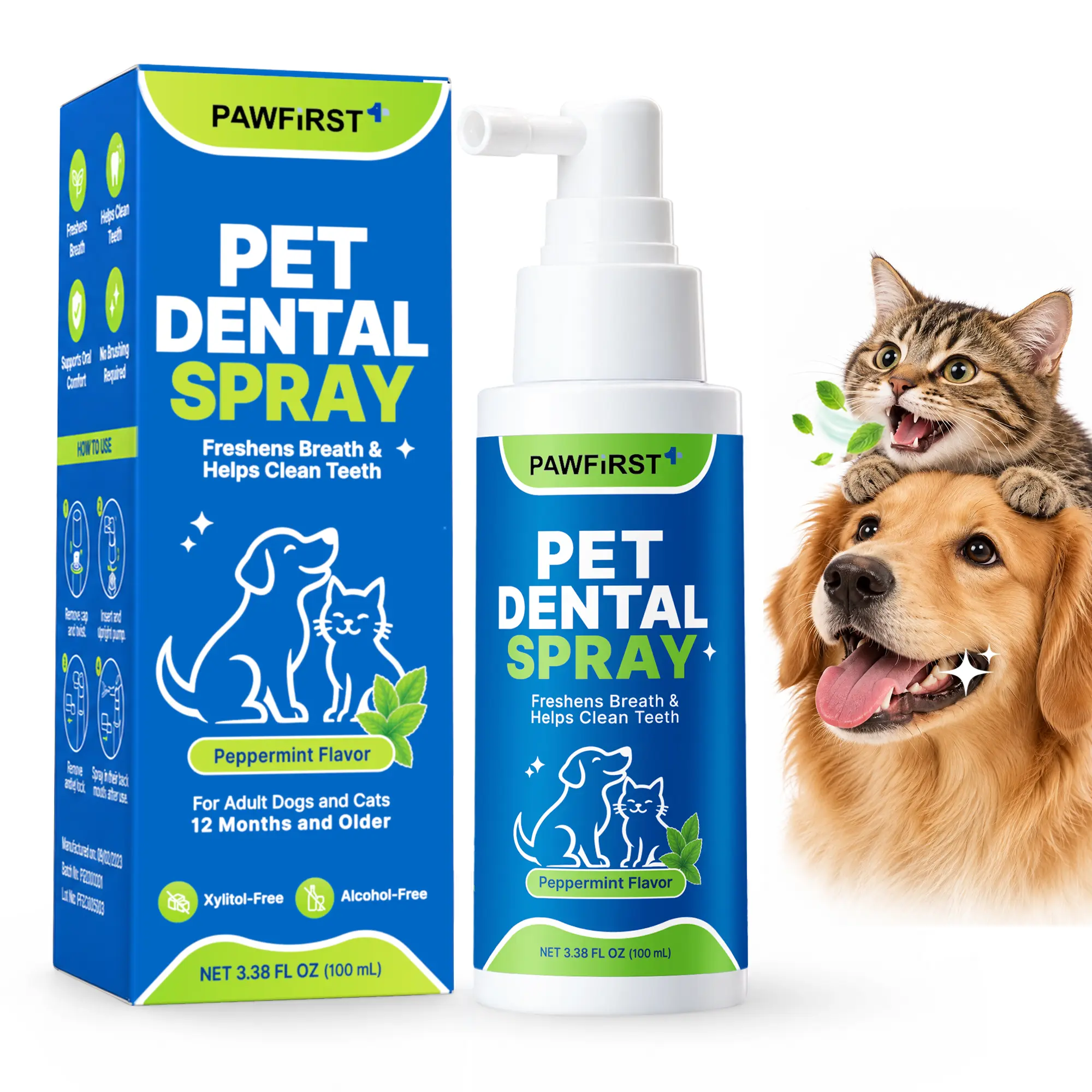 PawFirst Dog & Cat Oral Care Spray, No-Brush Enzyme Formula for Plaque & Bad Breath, Gum-Soothing, Alcohol & Xylitol-Free, 2cm Extended Nozzle for Hard-To-Reach Back Teeth