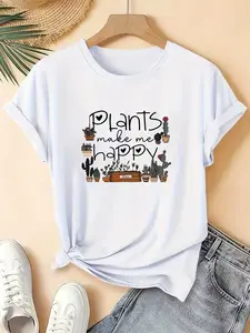 Cute Plant Theme Round Neck Fitted T-Shirt, Adorable Potted Plant Illustration, Fresh Atmosphere, Cozy Slogan, Casual Daily Wear