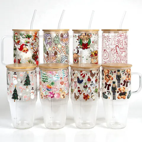 Christmas Style 40oz Glass Tumbler with Handle, Bamboo Lid & Straw