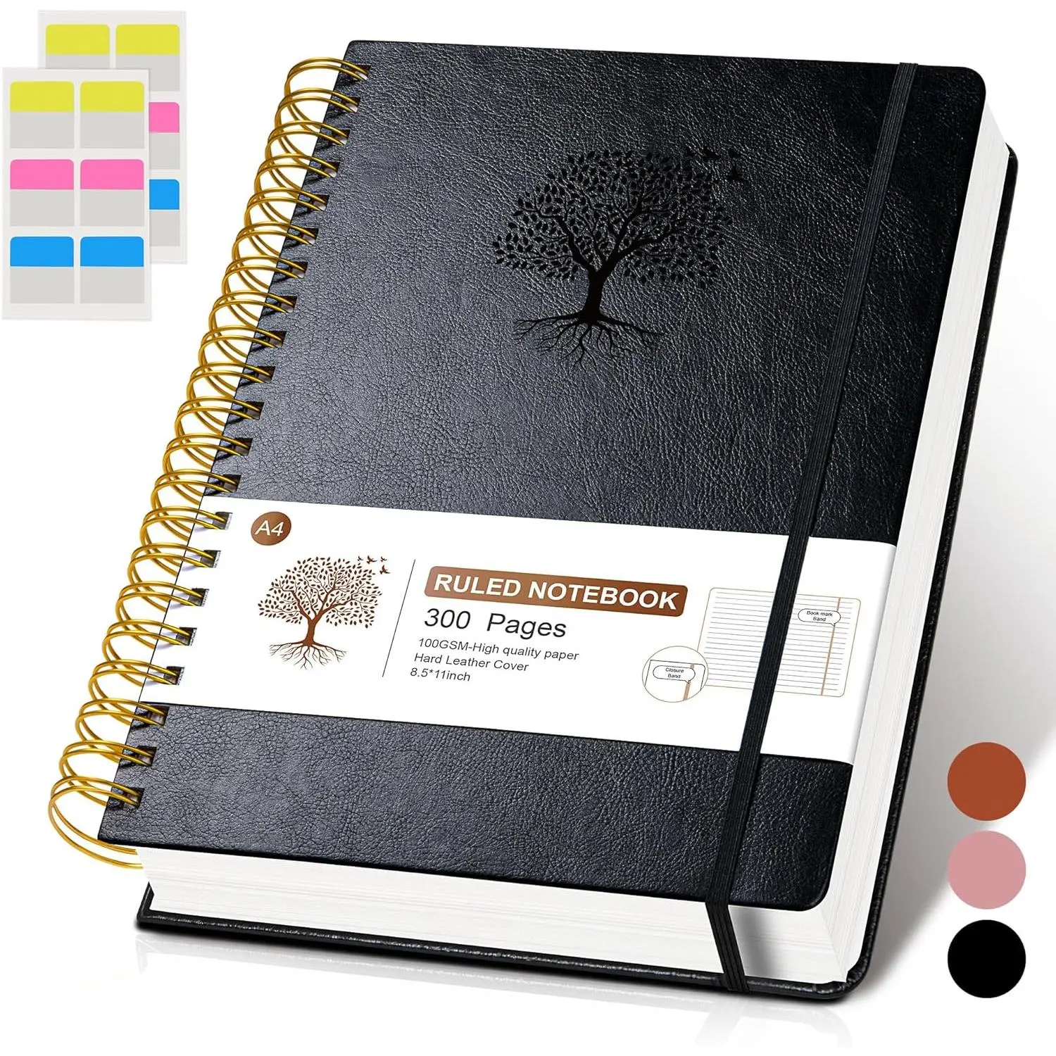 Lined Spiral Notebook Journal 8.5"x11", 300 Pages Hardcover Leather Journals for Women Men, A4 Large College Ruled Notebooks, 100 GSM Thick Paper, Spiral Bound Journaling for Writing Work School,Black