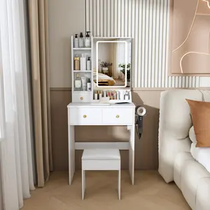 Modern small Vanity Desk ,featuring 3 modes of LED lighting with adjustable brightness, 3 drawers and multiple open storage shelves, a hair dryer holder and power socket, and a dressing chair. white