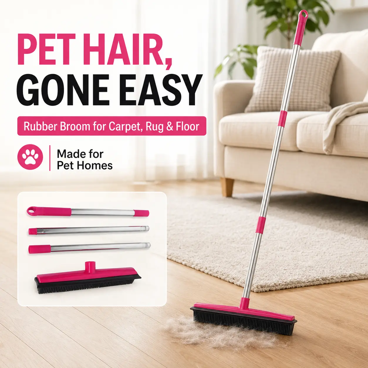Pet Hair Removal Broom, Long Handle Rubber Broom with Shaver, Cleaning Tool, Dog Stuff, Dog Accessories, Deshedding Tool for Carpet, Floor, Window, Shedding Grooming Kit, Fur Remover,Home Cleaning Tool Home Care Supplies