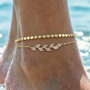 Women's Golden Ankle Bracelets, Synthetic Zirconia Inlay, Layered Exquisite Classic Round Bead Chain Ankle Multifunctional Summer Ankle Jewelry Gift